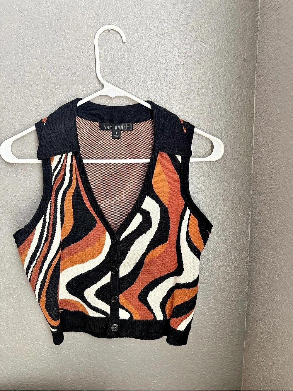 Mango Abstract Pattern V-Neck Sweater Vest in Brown & Black